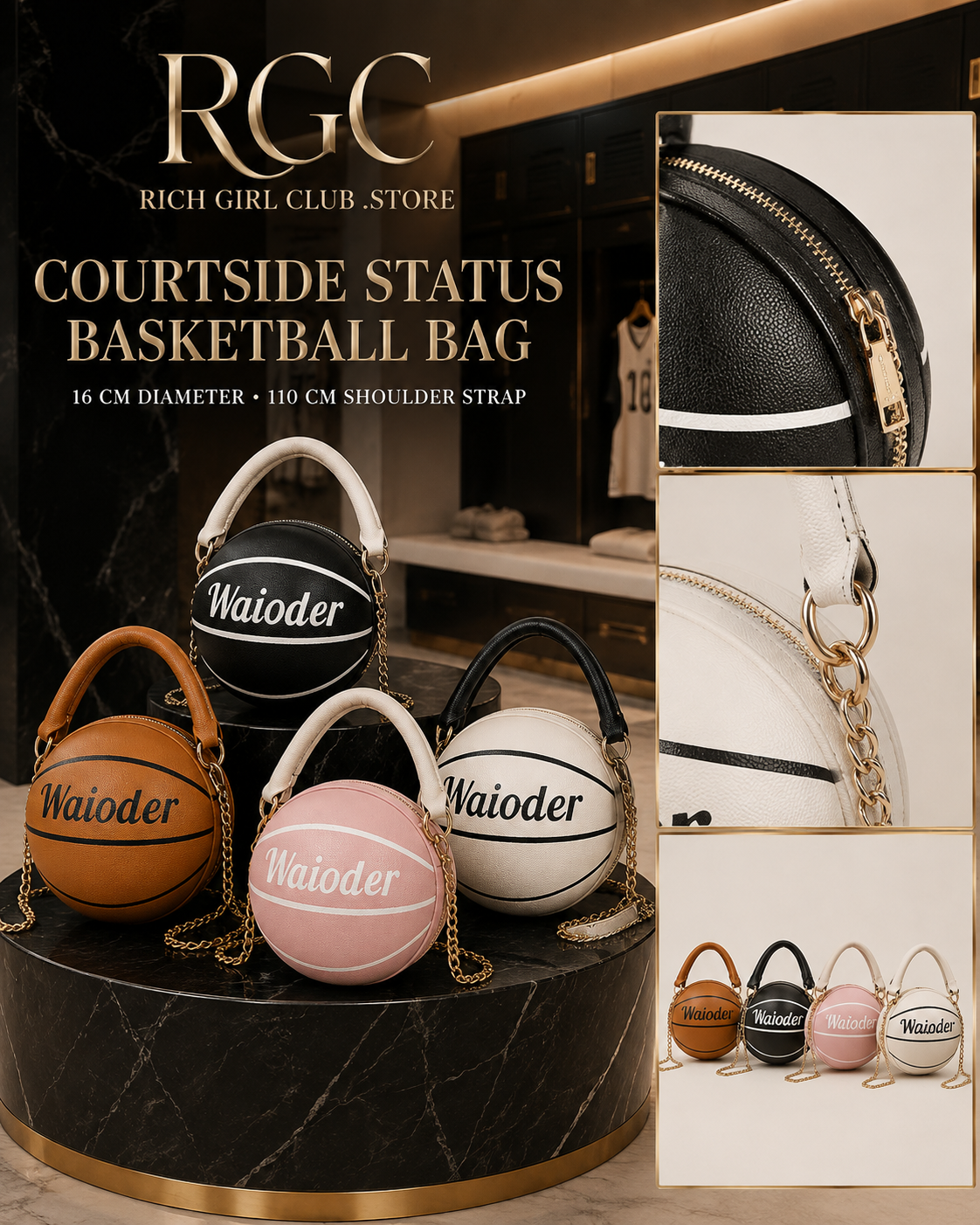 Courtside Status Basketball Bag in black, brown, pink and white with zipper, handles and shoulder straps shown