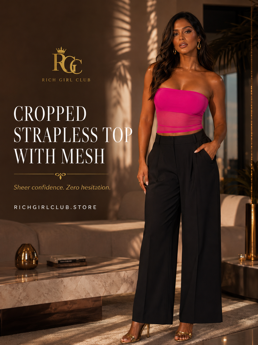 Rich Girl Club campaign model wearing the fuchsia Cropped Strapless Top With Mesh
