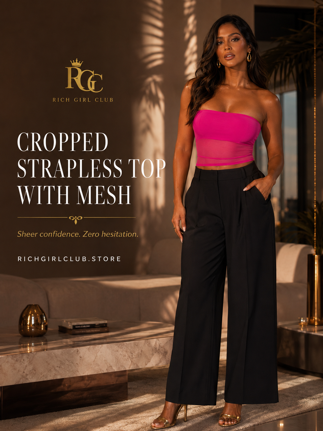 Rich Girl Club campaign model wearing the fuchsia Cropped Strapless Top With Mesh