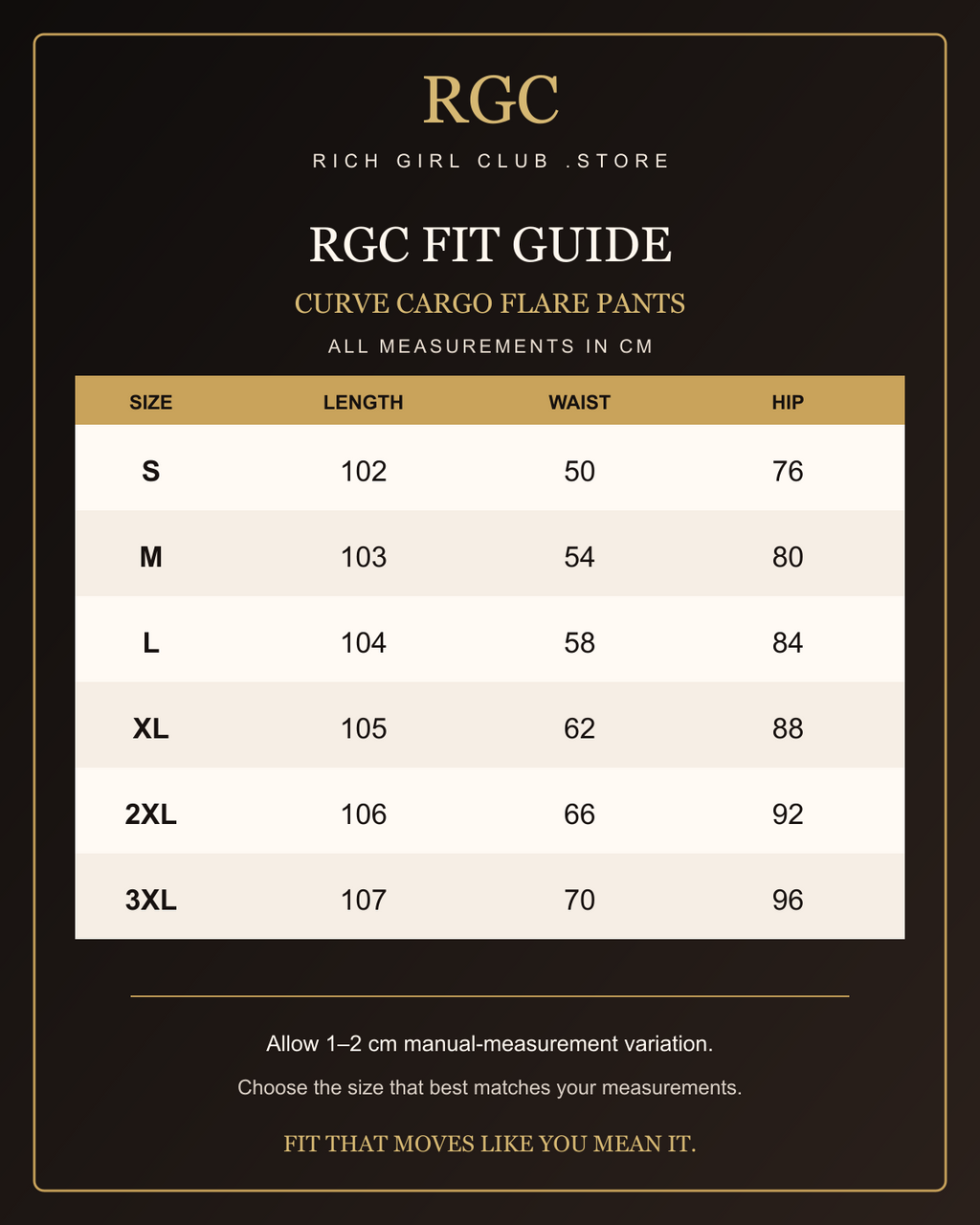 RGC Fit Guide for Curve Cargo Flare Pants with verified S through 3XL measurements in centimeters.