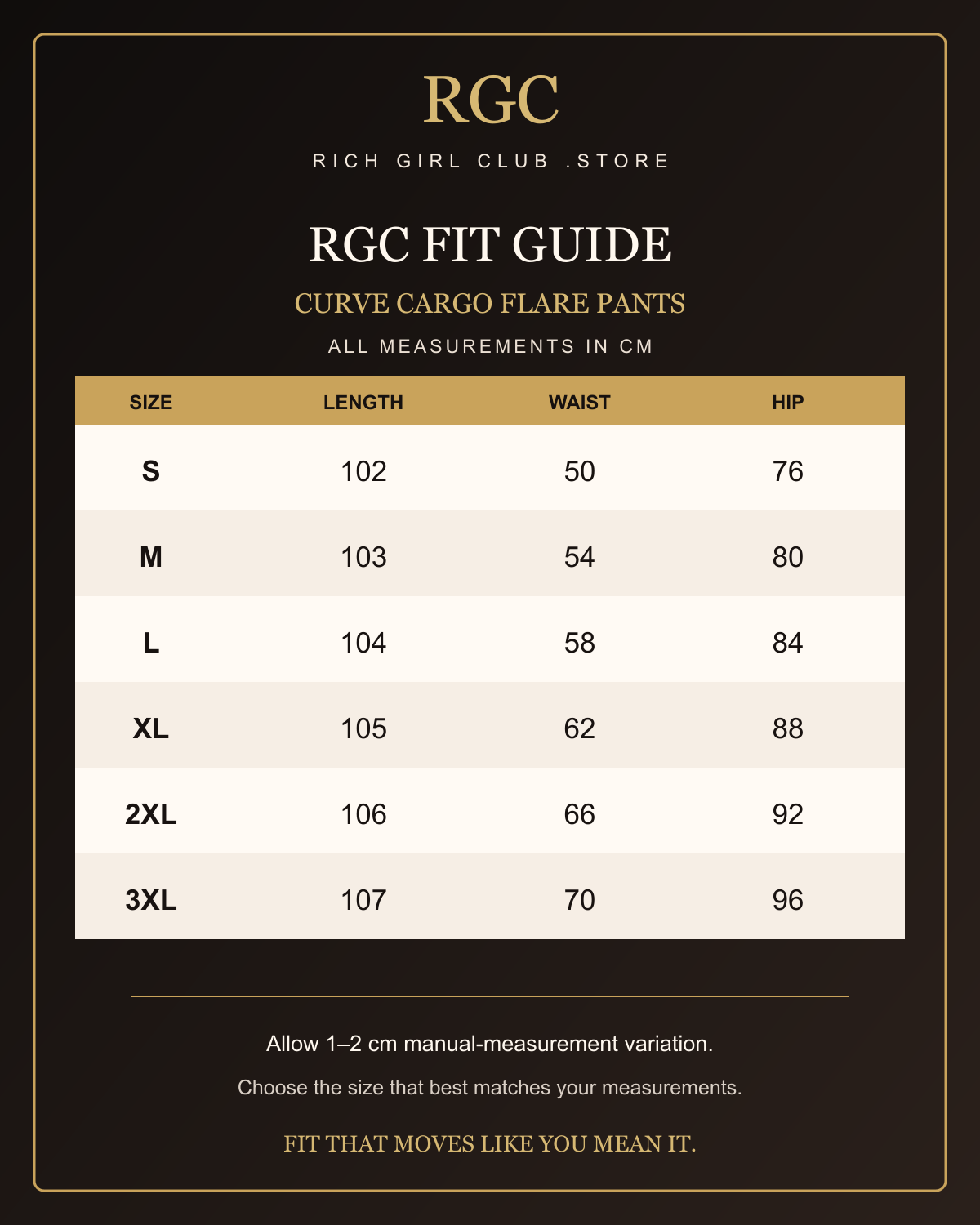 RGC Fit Guide for Curve Cargo Flare Pants with verified S through 3XL measurements in centimeters.