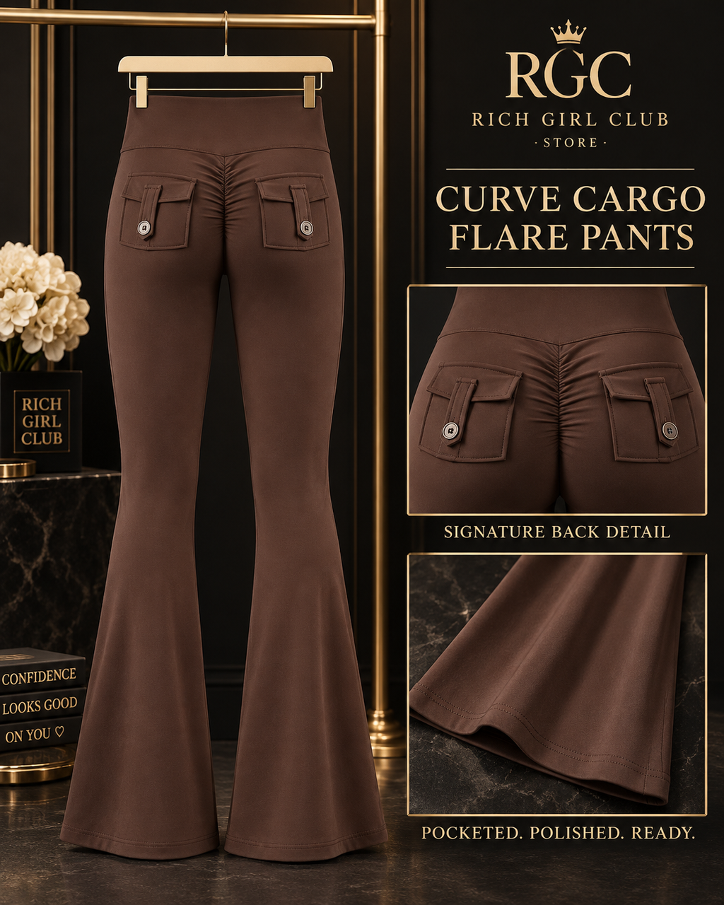 Curve Cargo Flare Pants product detail showing the ruched back, two buttoned flap pockets, and flared hems.