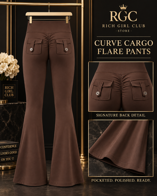 Curve Cargo Flare Pants product detail showing the ruched back, two buttoned flap pockets, and flared hems.