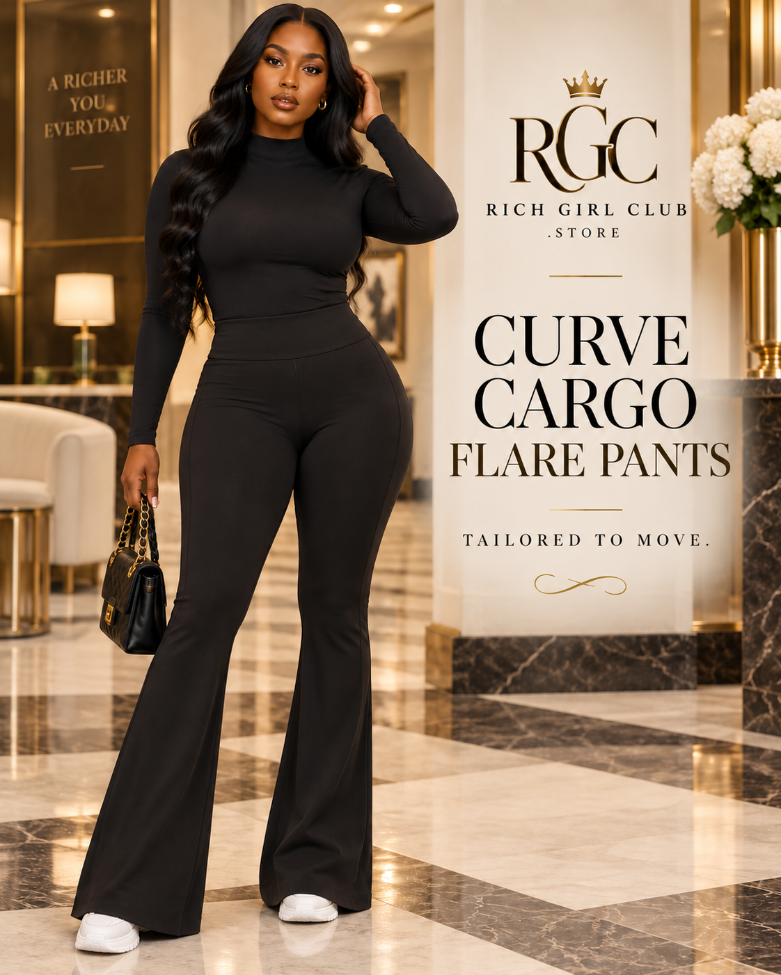Adult model wearing black Curve Cargo Flare Pants in a luxury RGC campaign.