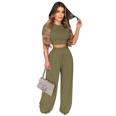 First Class Wide-Leg Set view of the cropped short-sleeve top and matching high-waist wide-leg trousers (image 6).