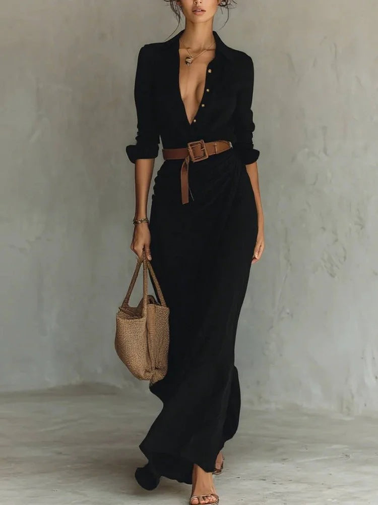 Executive Energy Belted Maxi Dress in black, front view with brown belt