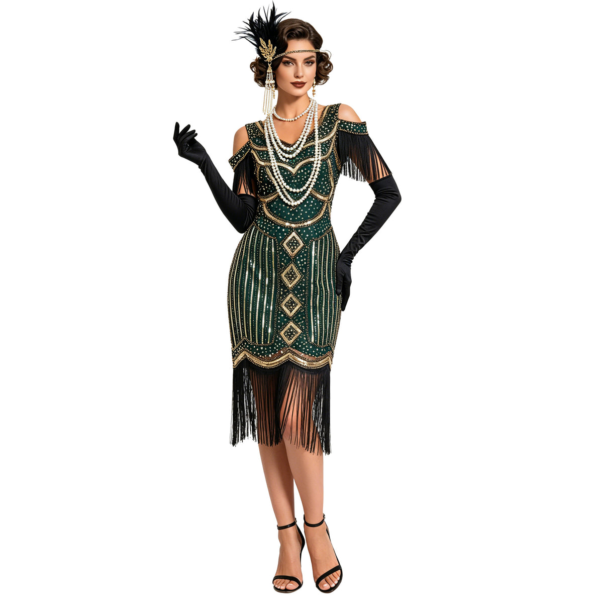 Adult model wearing the Green and Gold geometric sequin fringe dress, front view.