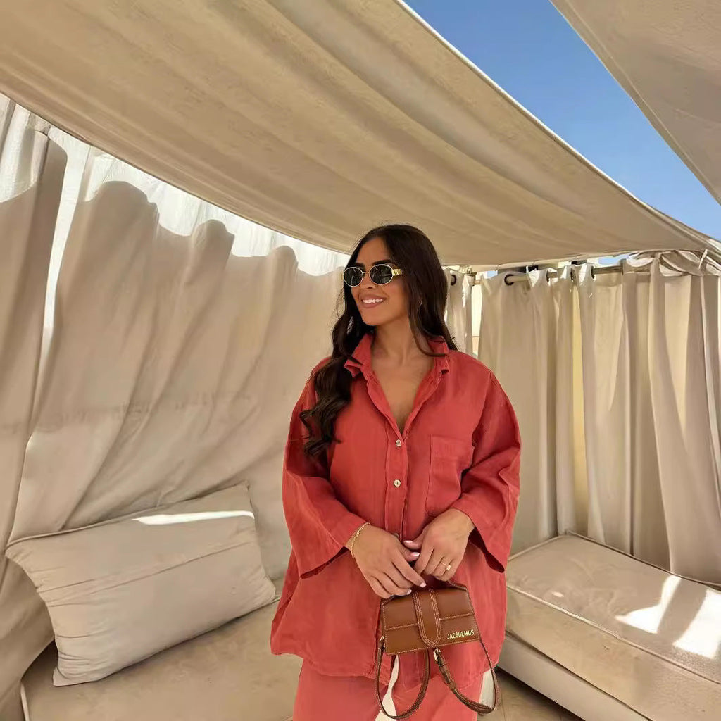 Gallery view 5 of the Resort Ease Set showing the relaxed button-front shirt and matching wide-leg trousers in an available colorway.