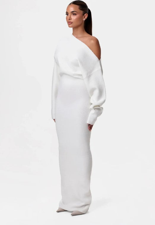 Adult model wearing the white Shoulder Kiss Column Dress, front view.