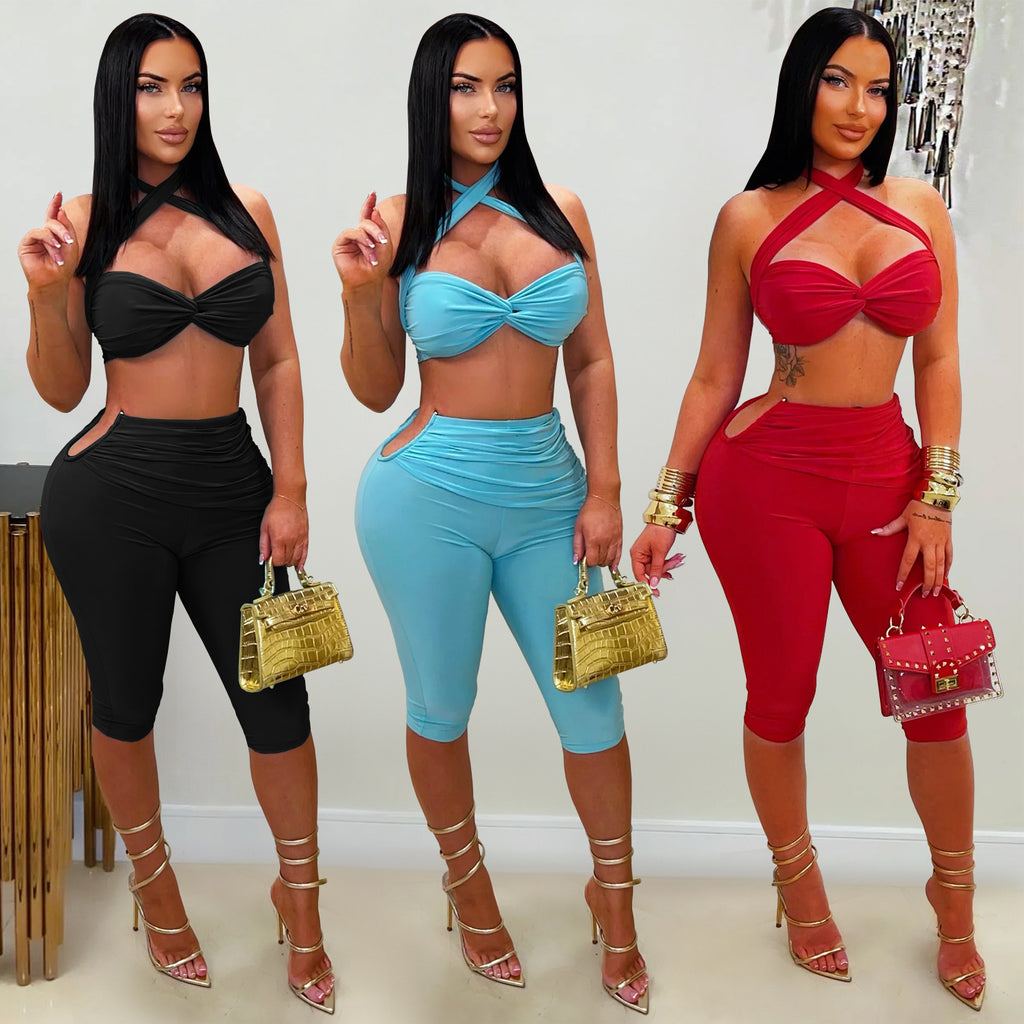 All Tied Up two-piece set in black, blue and red, front view on model