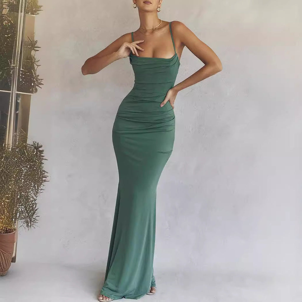 Green Siren Hour Mermaid Maxi Dress modeled indoors, full-length front view