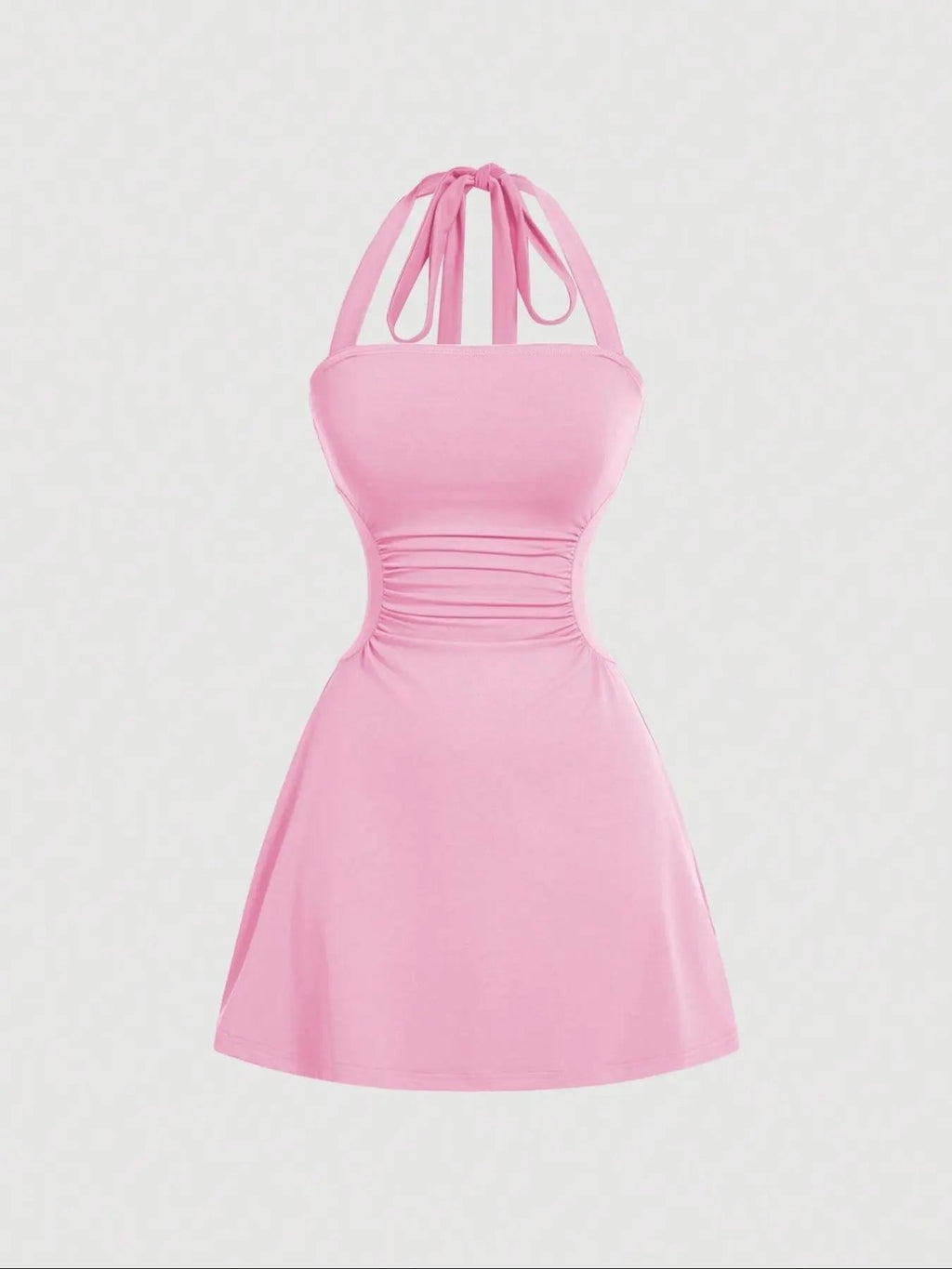Solid bright-pink A-line mini dress with ruched waist and tie-back halter straps, front product view.
