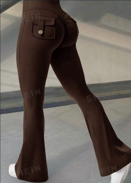Brown Curve Cargo Flare Pants shown from the rear three-quarter view.