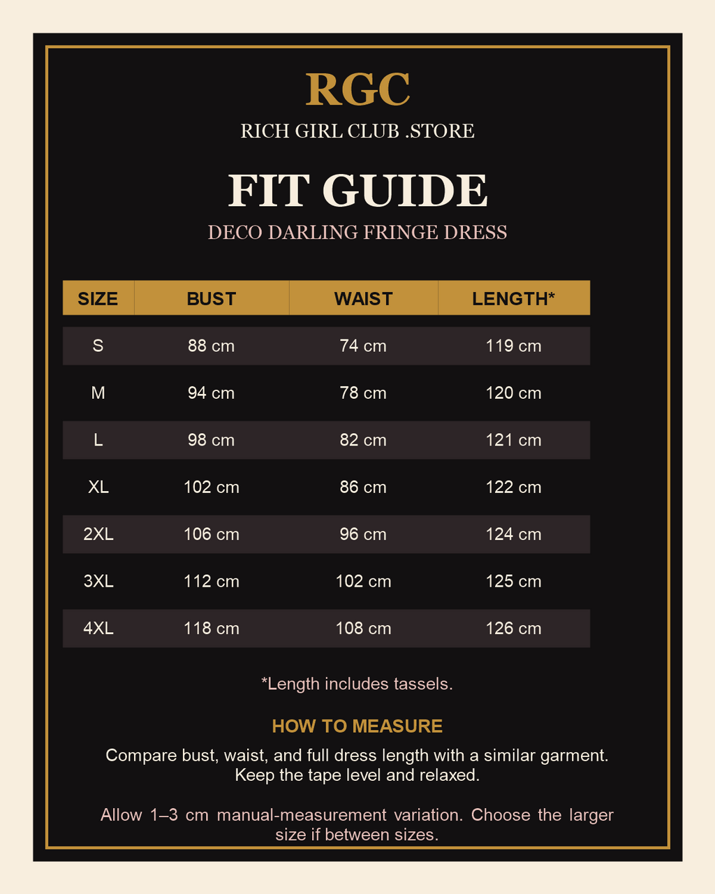 RGC Fit Guide for the Deco Darling Fringe Dress with verified S through 4XL measurements in centimeters.