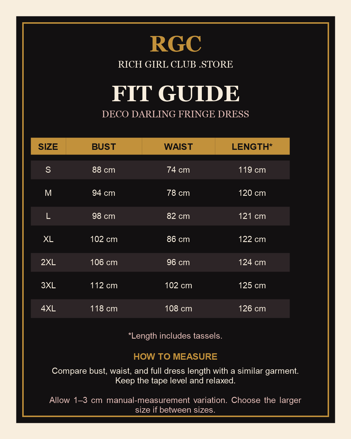 RGC Fit Guide for the Deco Darling Fringe Dress with verified S through 4XL measurements in centimeters.