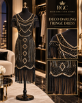 RGC mannequin detail of the black-and-gold Deco Darling Fringe Dress showing its cold shoulders, geometric embellishment, and tassel hem.