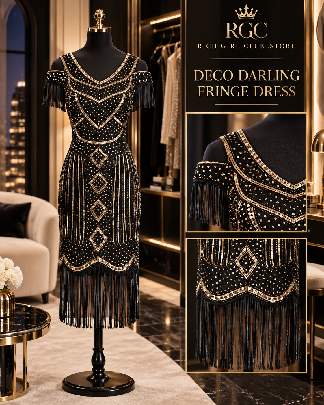 RGC mannequin detail of the black-and-gold Deco Darling Fringe Dress showing its cold shoulders, geometric embellishment, and tassel hem.