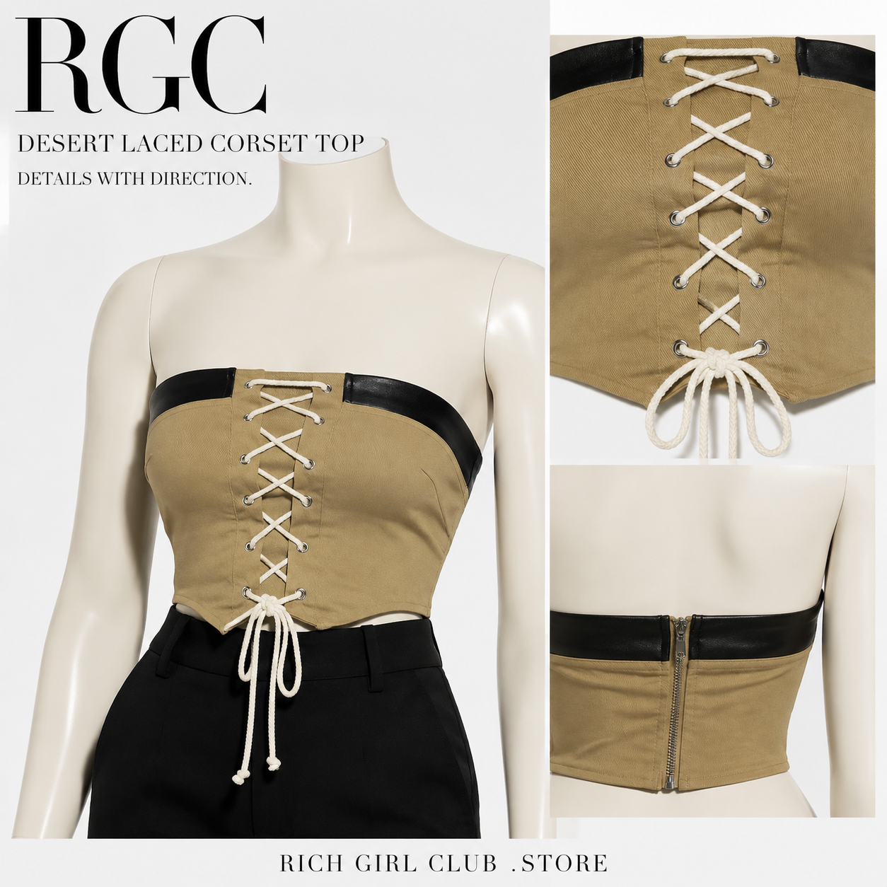 RGC mannequin details of the khaki Desert Laced Corset Top with lace-up front and rear zipper
