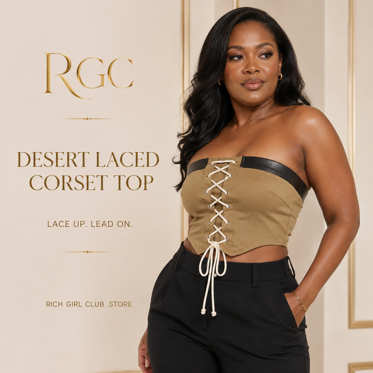 RGC campaign model wearing the khaki Desert Laced Corset Top