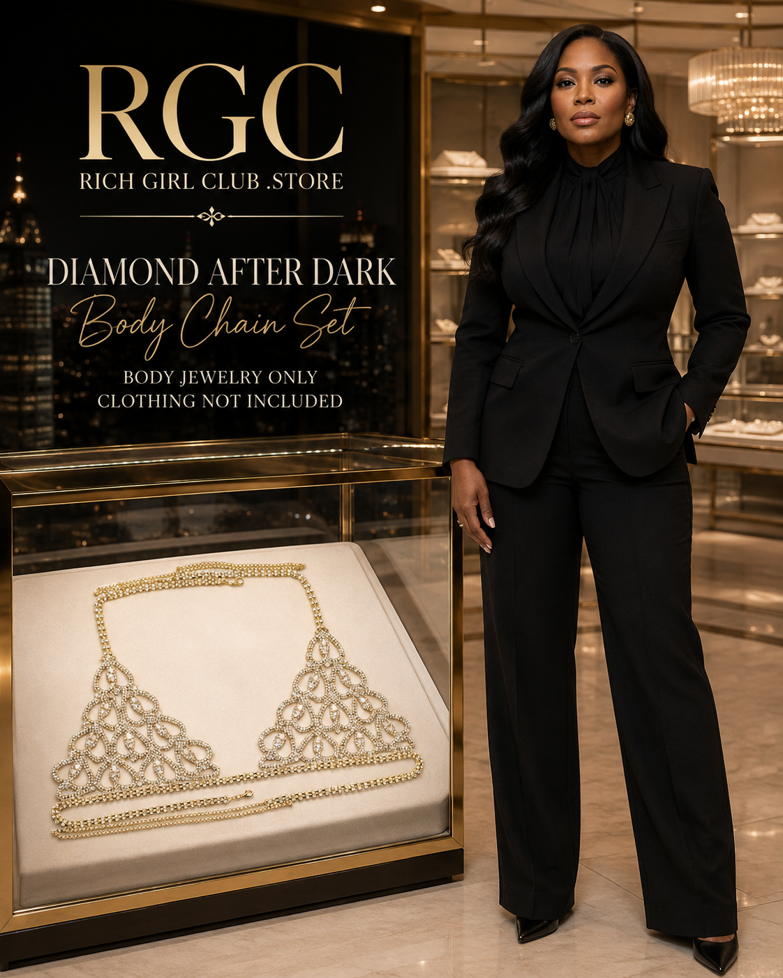 RGC Diamond After Dark Body Chain Set campaign with adult model beside gold rhinestone body jewelry display; clothing not included