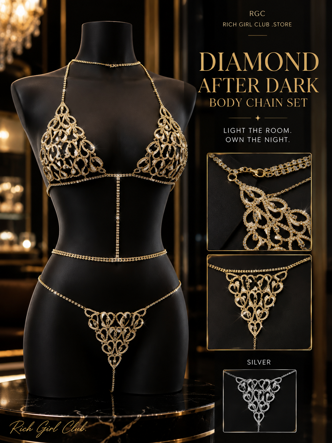 Diamond After Dark Body Chain Set gold rhinestone top and bottom body-chain jewelry displayed on a black mannequin with silver detail inset