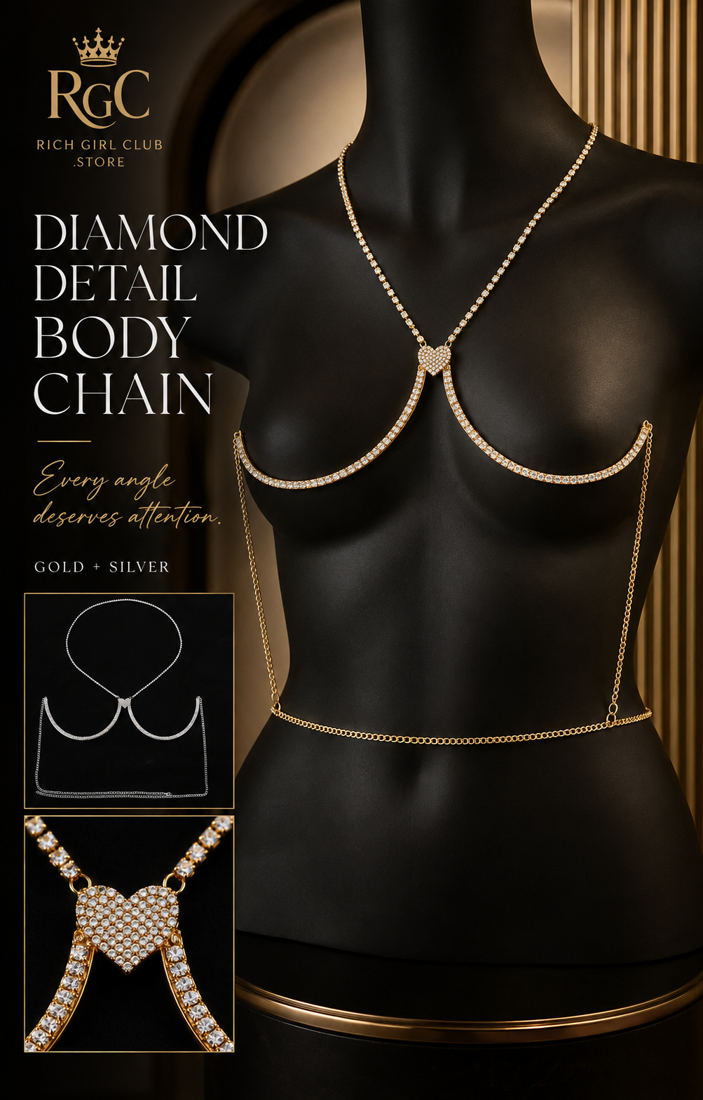 Diamond Detail Body Chain in gold displayed on a black jewelry mannequin with silver variant and crystal heart detail insets