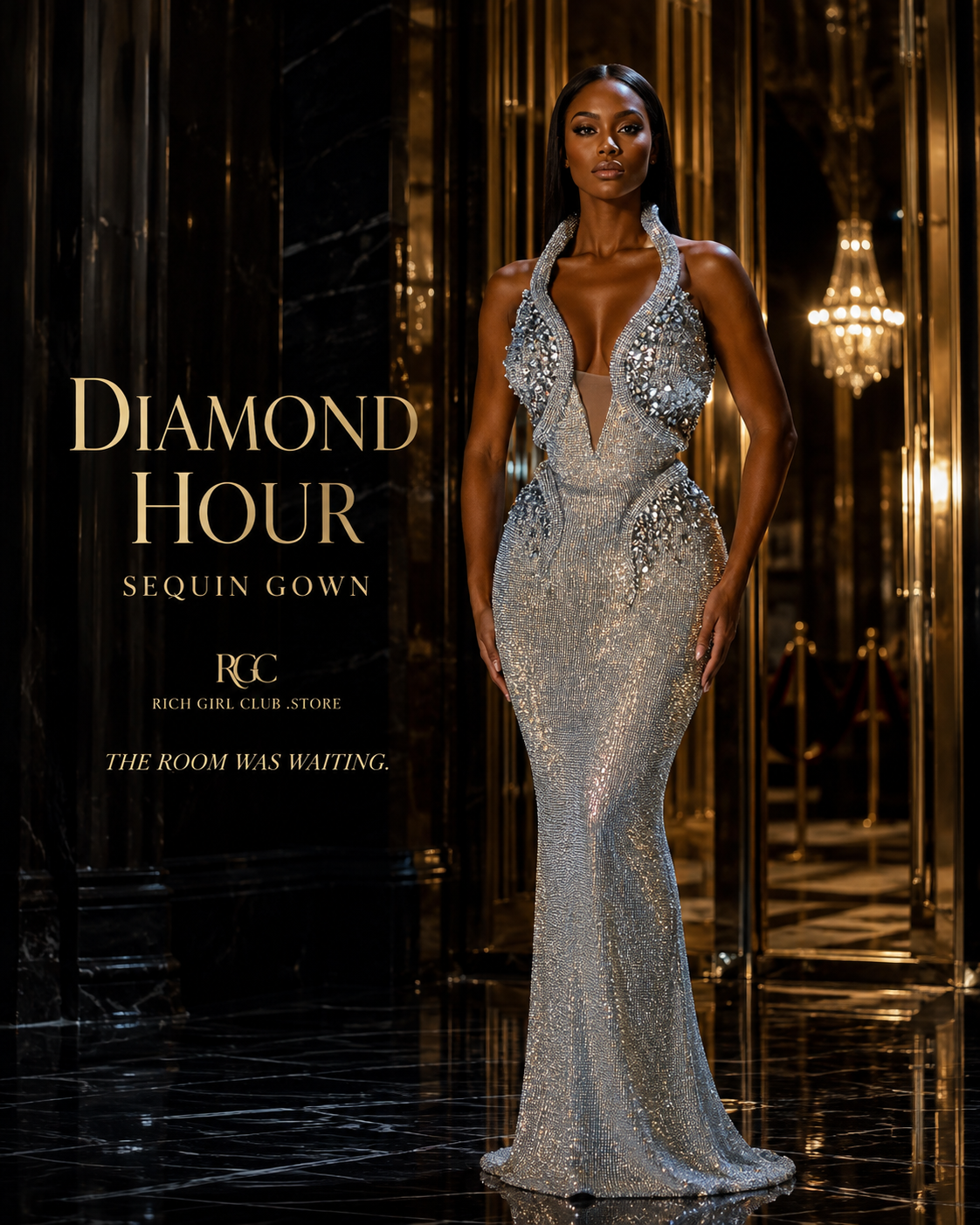 Diamond Hour Sequin Gown in icy silver on a glamorous adult model in a luxury ballroom entrance, showing the crystal halter, deep V inset, fitted silhouette, and trailing hem.