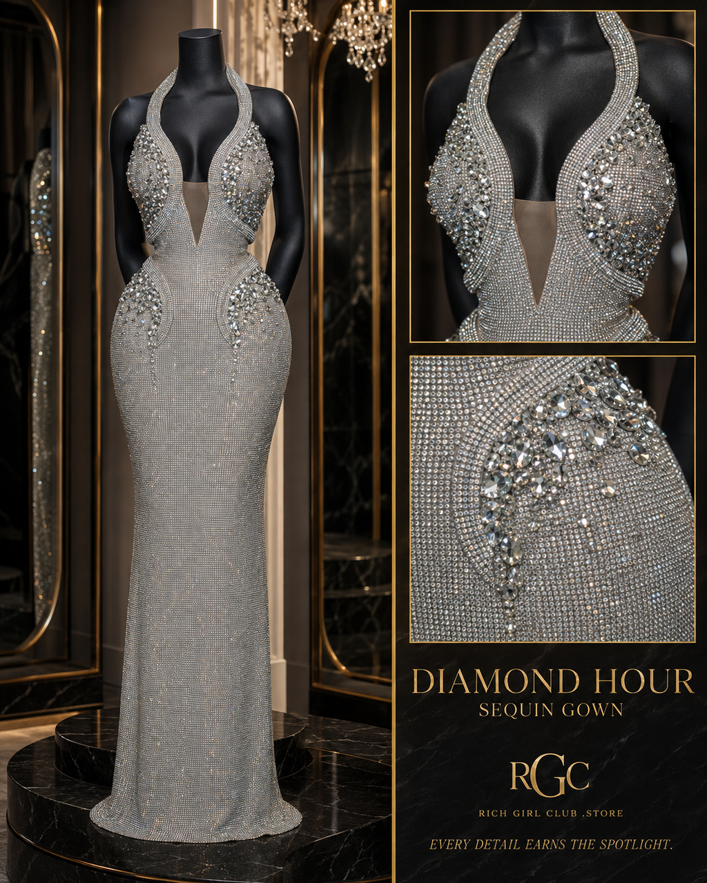 Diamond Hour Sequin Gown on a matte-black mannequin with close details of the crystal halter, plunge inset, all-over silver sparkle, and embellished hip panels.