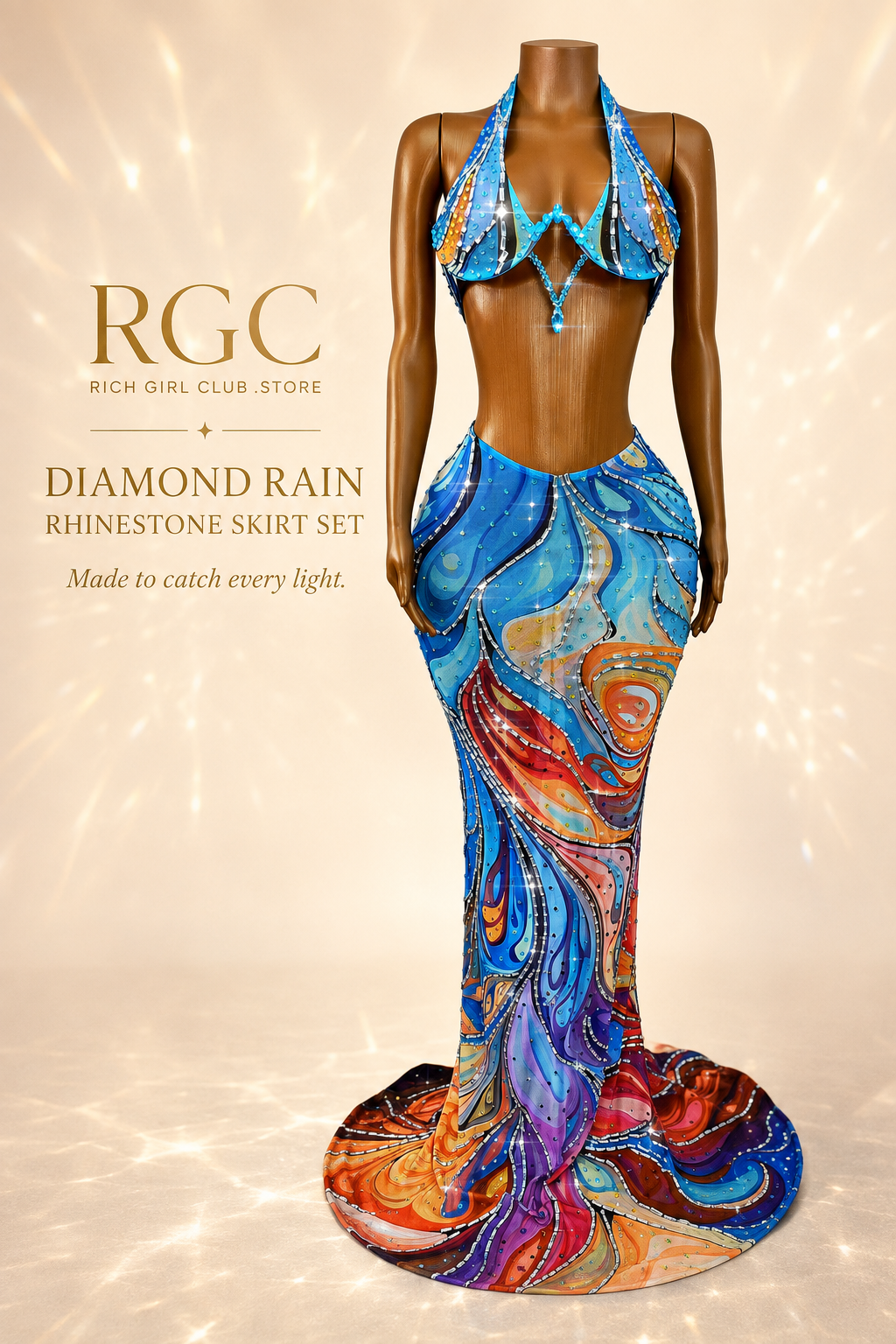 Diamond Rain Rhinestone Skirt Set on a mannequin, showing the halter top, rhinestone details and pooling mermaid skirt