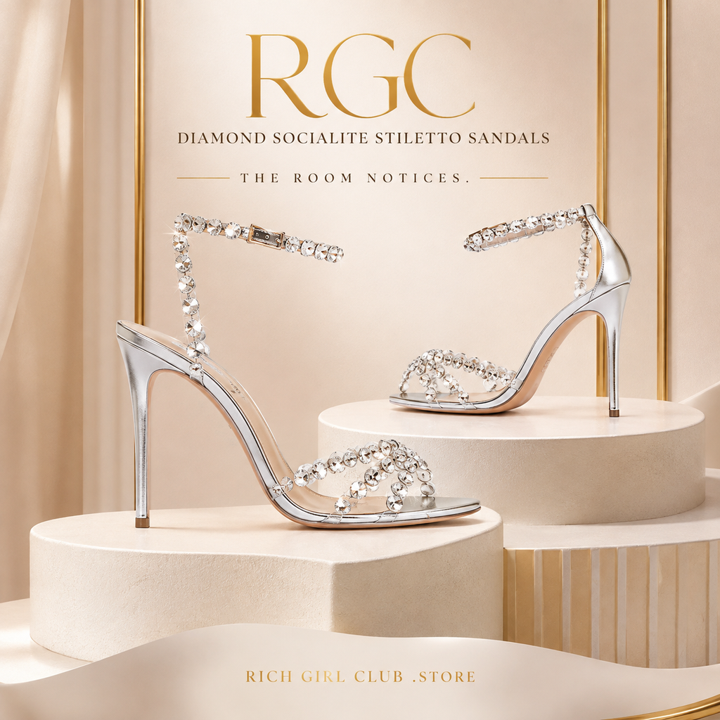 Diamond Socialite Stiletto Sandals in silver with crystal toe straps and ankle wrap, RGC campaign hero