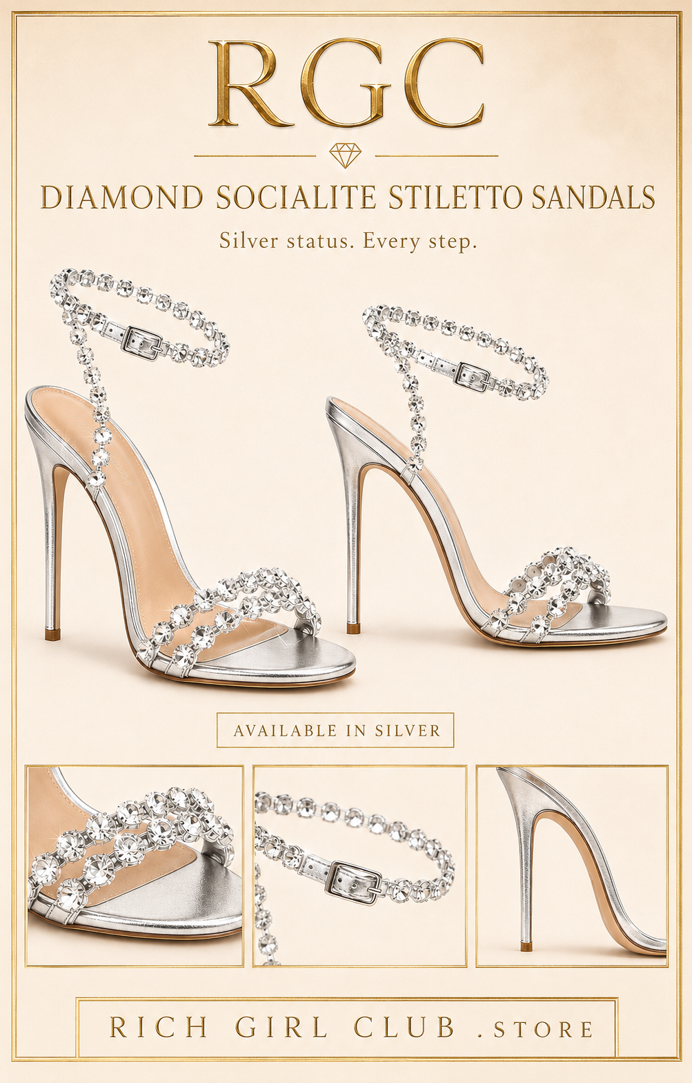 Diamond Socialite Stiletto Sandals silver-only RGC detail showing crystal toe straps, ankle wrap and slim stiletto