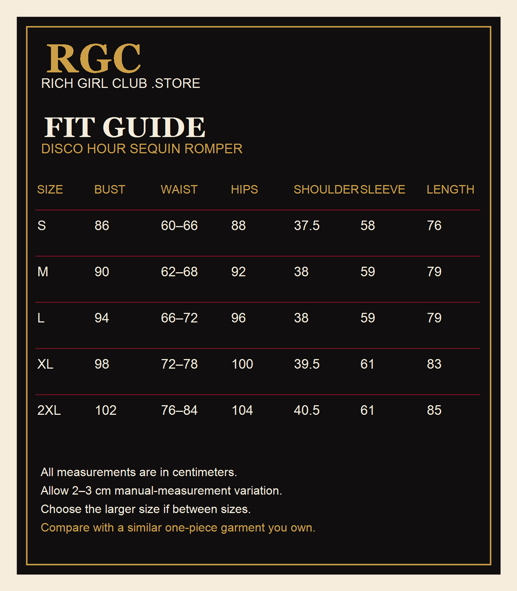 RGC Fit Guide for the Disco Hour Sequin Romper with verified S through 2XL measurements.