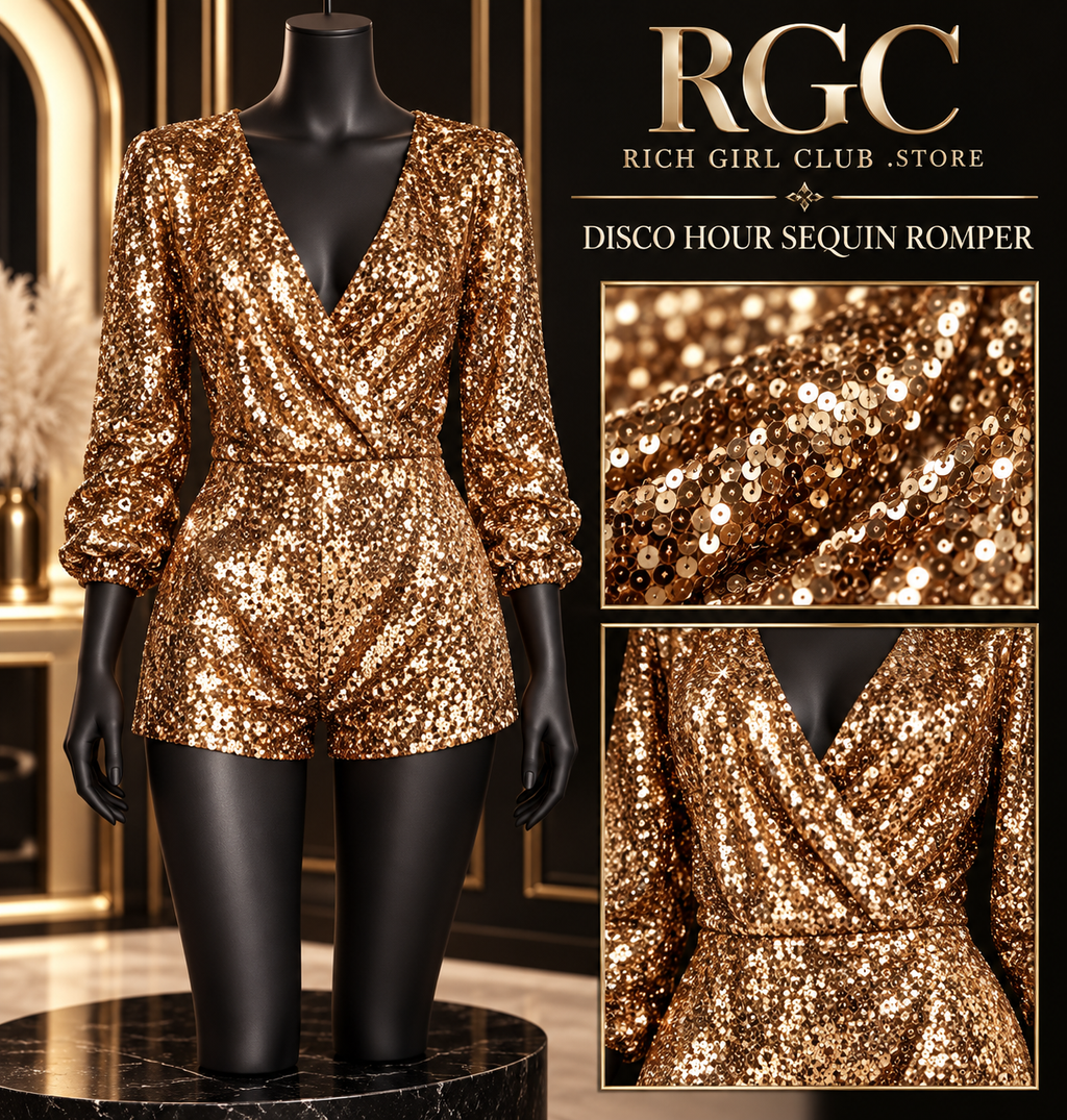 Disco Hour Sequin Romper on a mannequin with close views of the sequins and wrap-front waist.