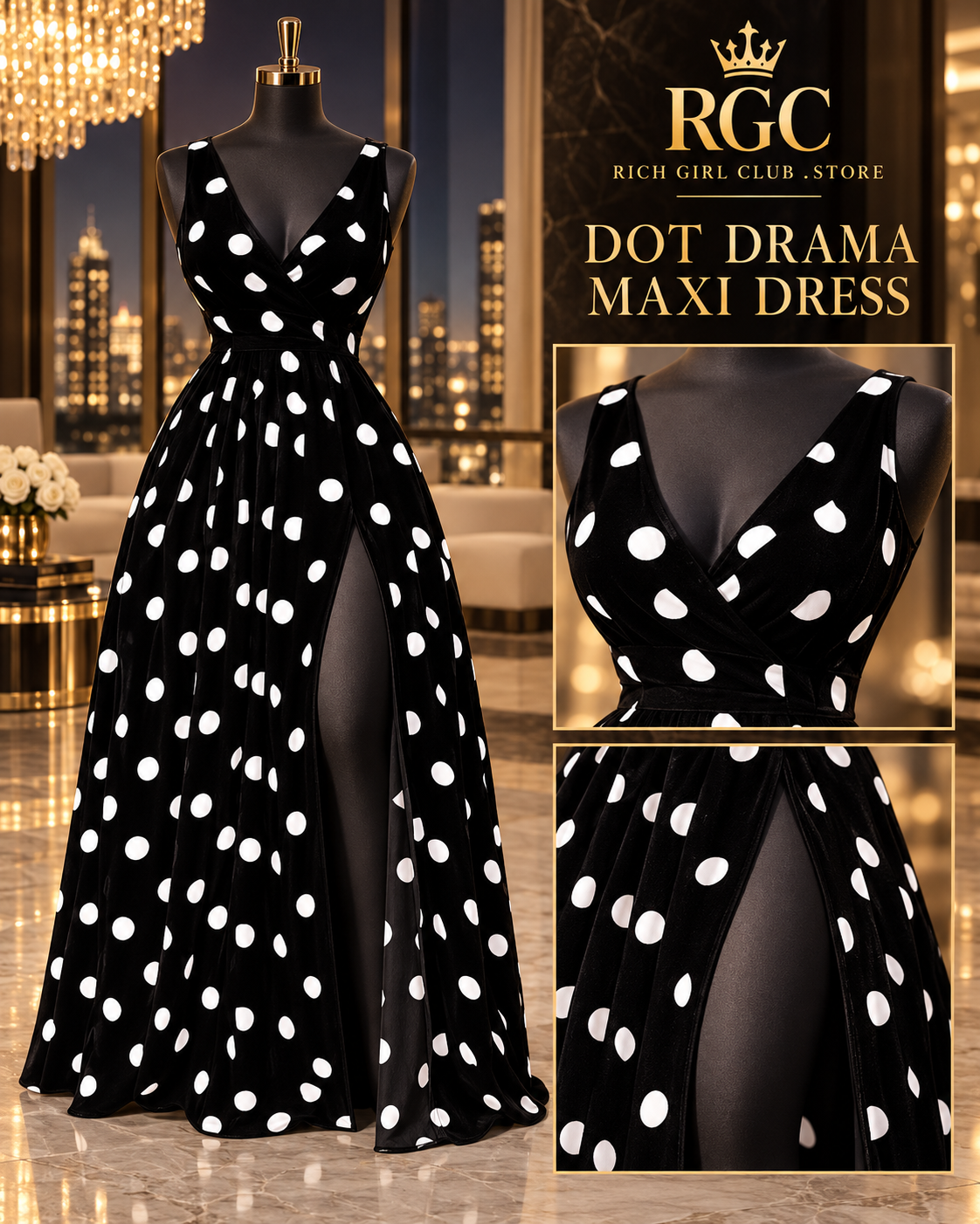 RGC mannequin detail of the Dot Drama Maxi Dress showing the V-neck bodice, polka-dot print and skirt opening.