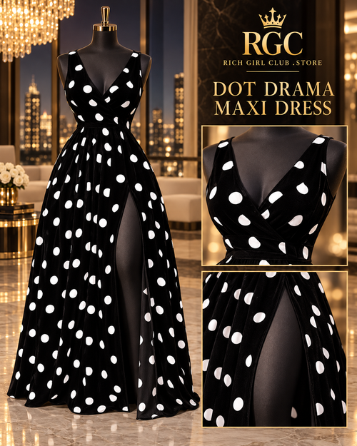 RGC mannequin detail of the Dot Drama Maxi Dress showing the V-neck bodice, polka-dot print and skirt opening.