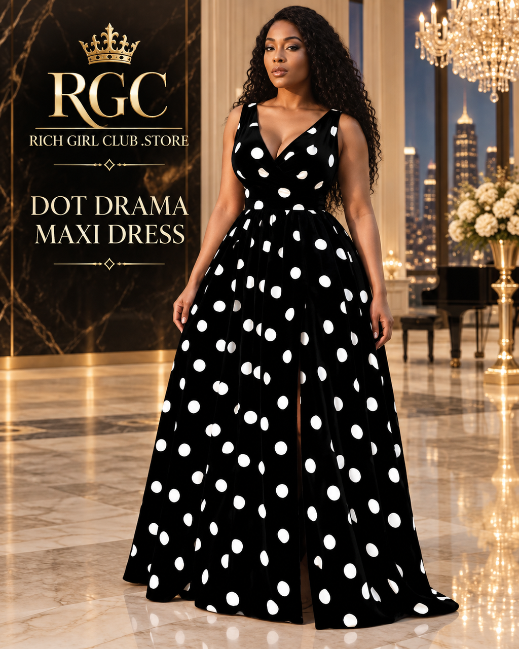 RGC campaign hero with an adult model wearing the black-and-white Dot Drama Maxi Dress.