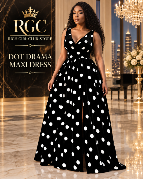 RGC campaign hero with an adult model wearing the black-and-white Dot Drama Maxi Dress.