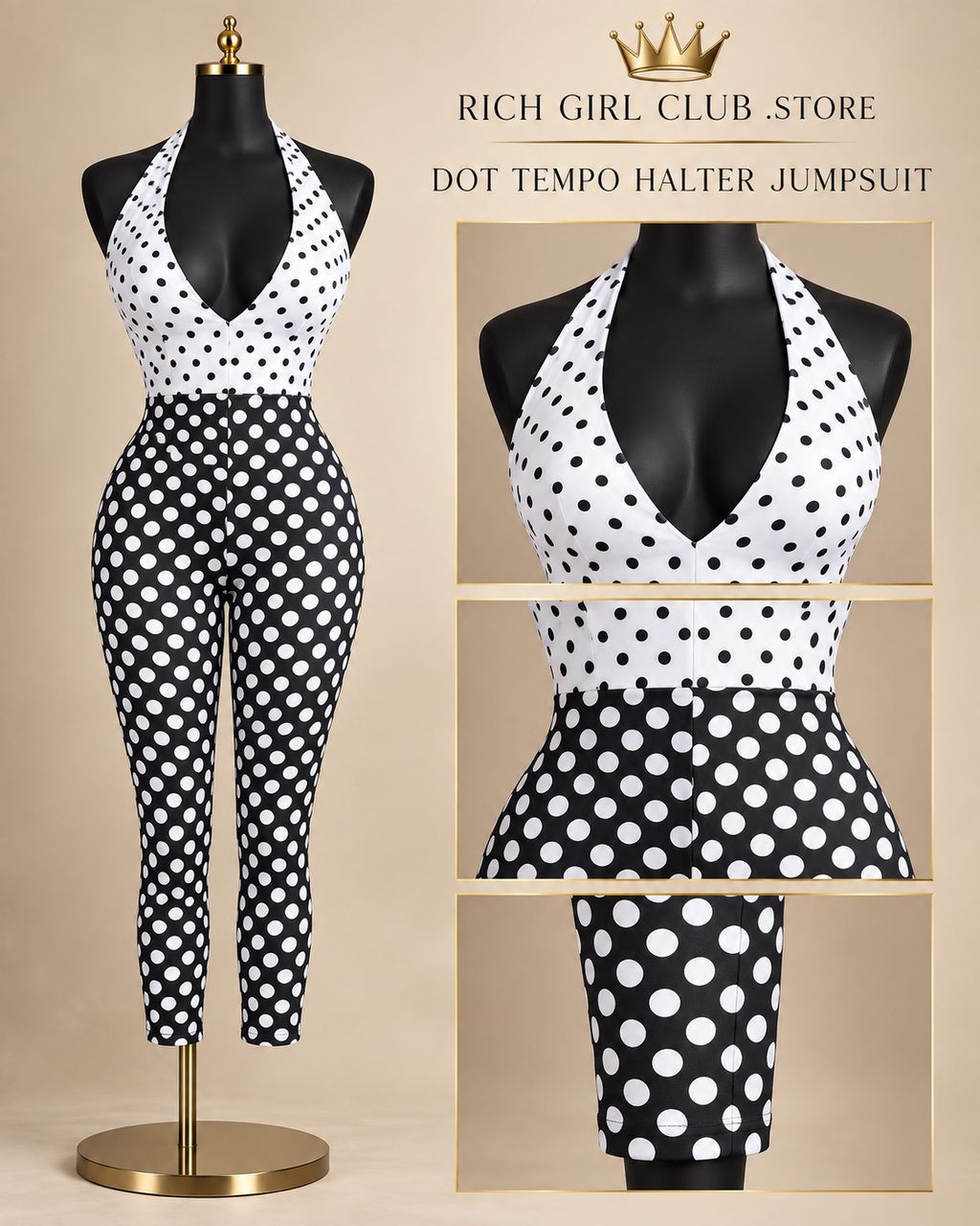 RGC detail view of the Dot Tempo Halter Jumpsuit showing the halter bodice, waist and cropped legs.
