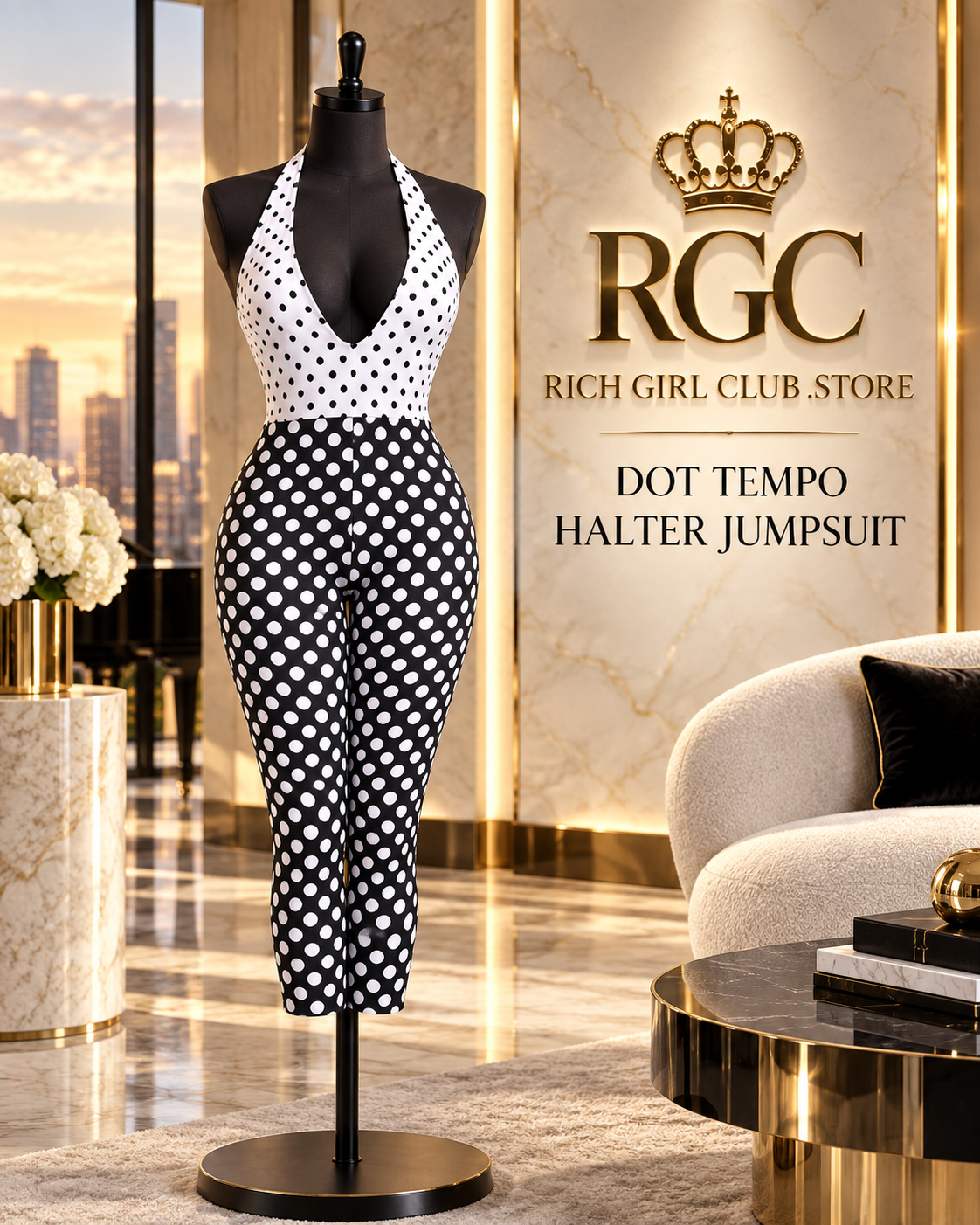 RGC product hero showing the black-and-white Dot Tempo Halter Jumpsuit.