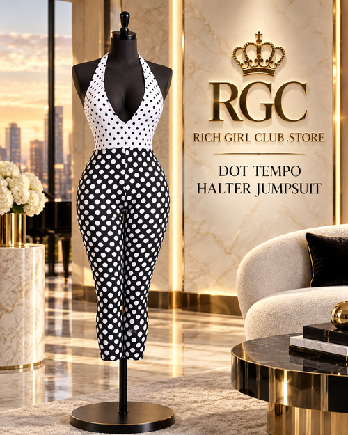 RGC product hero showing the black-and-white Dot Tempo Halter Jumpsuit.