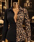 Double Take Colorblock Shirt in Black + Leopard with split black and leopard-print panels