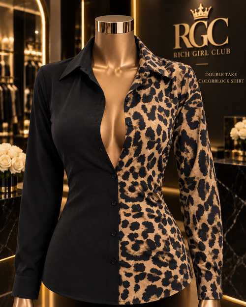 Double Take Colorblock Shirt in Black + Leopard with split black and leopard-print panels