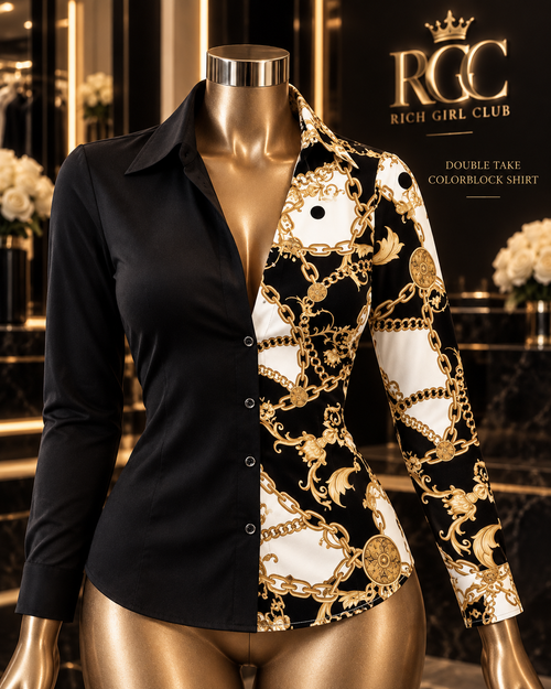 Double Take Colorblock Shirt in Black + Baroque Print with cream-gold printed motifs
