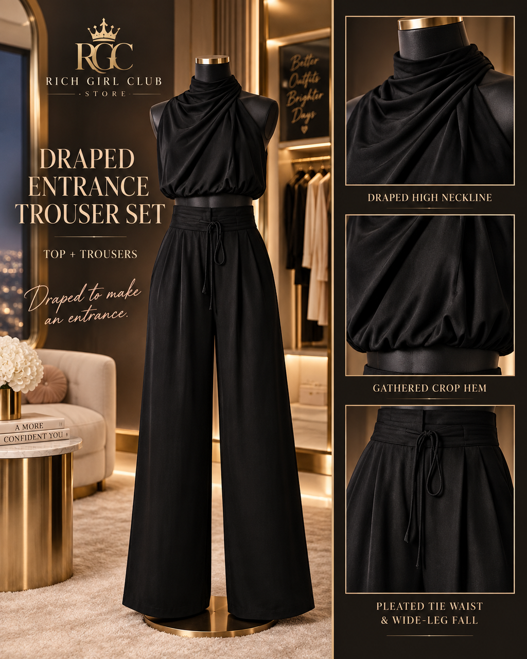 Black Draped Entrance Trouser Set on a mannequin with close views of the draped neckline, gathered hem, and tie waist.