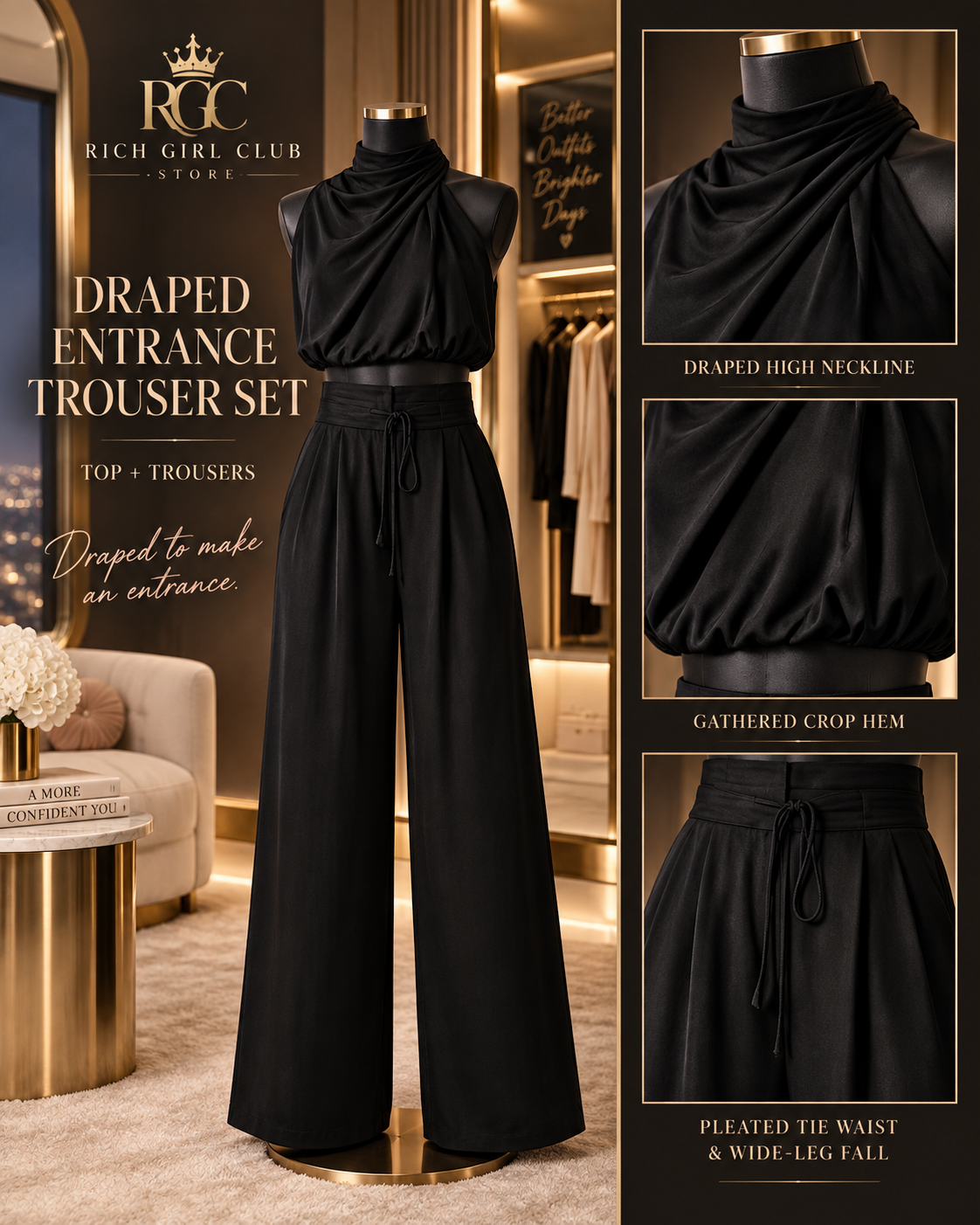 Black Draped Entrance Trouser Set on a mannequin with close views of the draped neckline, gathered hem, and tie waist.
