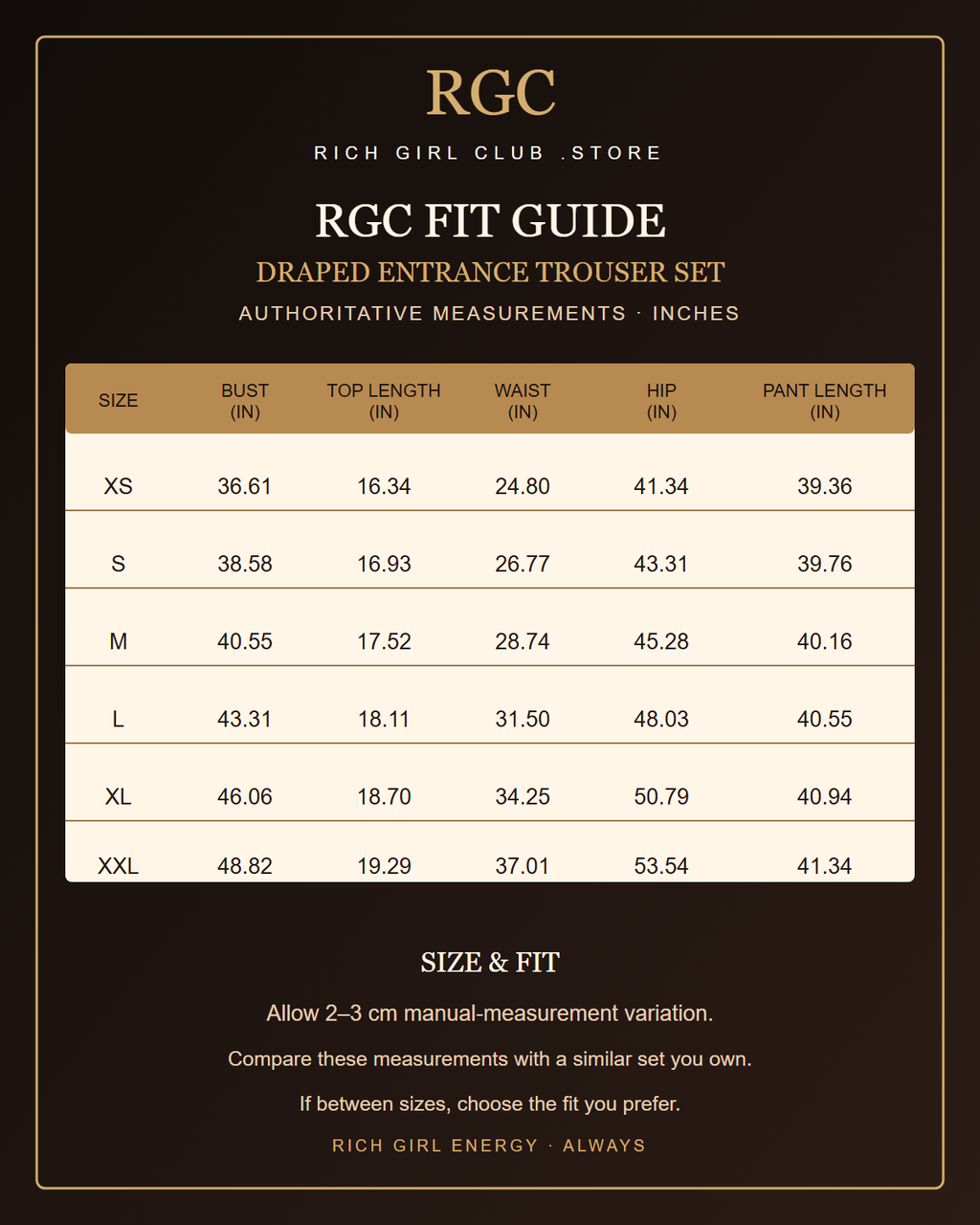 RGC Fit Guide for the Draped Entrance Trouser Set with XS through XXL measurements in inches.