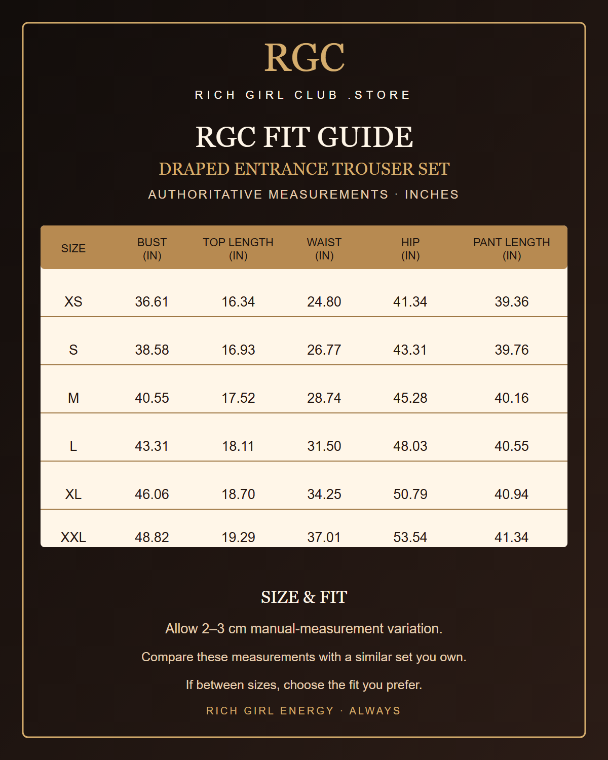 RGC Fit Guide for the Draped Entrance Trouser Set with XS through XXL measurements in inches.