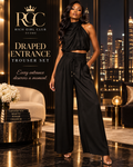 Adult model wearing the black Draped Entrance Trouser Set in an RGC penthouse campaign.
