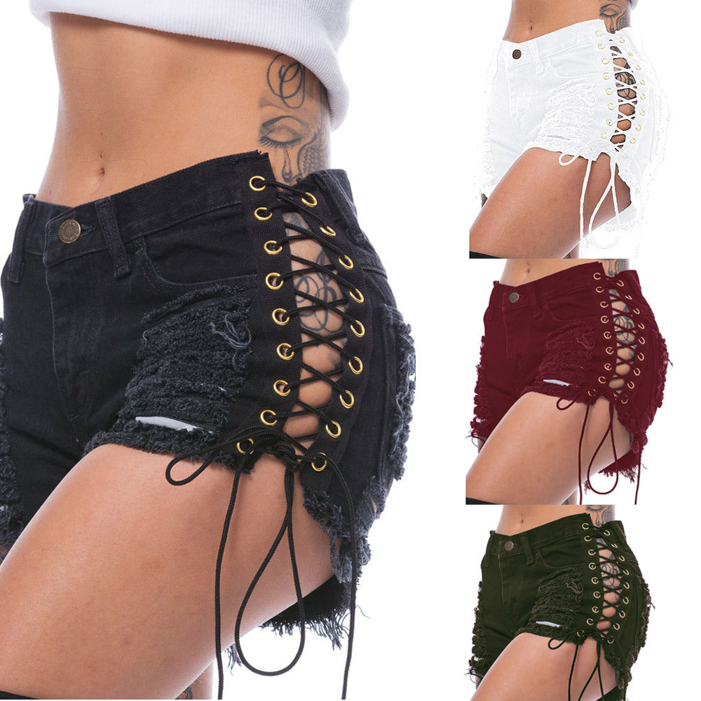 Composite color-options image with a close front view of black distressed lace-up cutout shorts and smaller white, wine-red, and army-green side views.