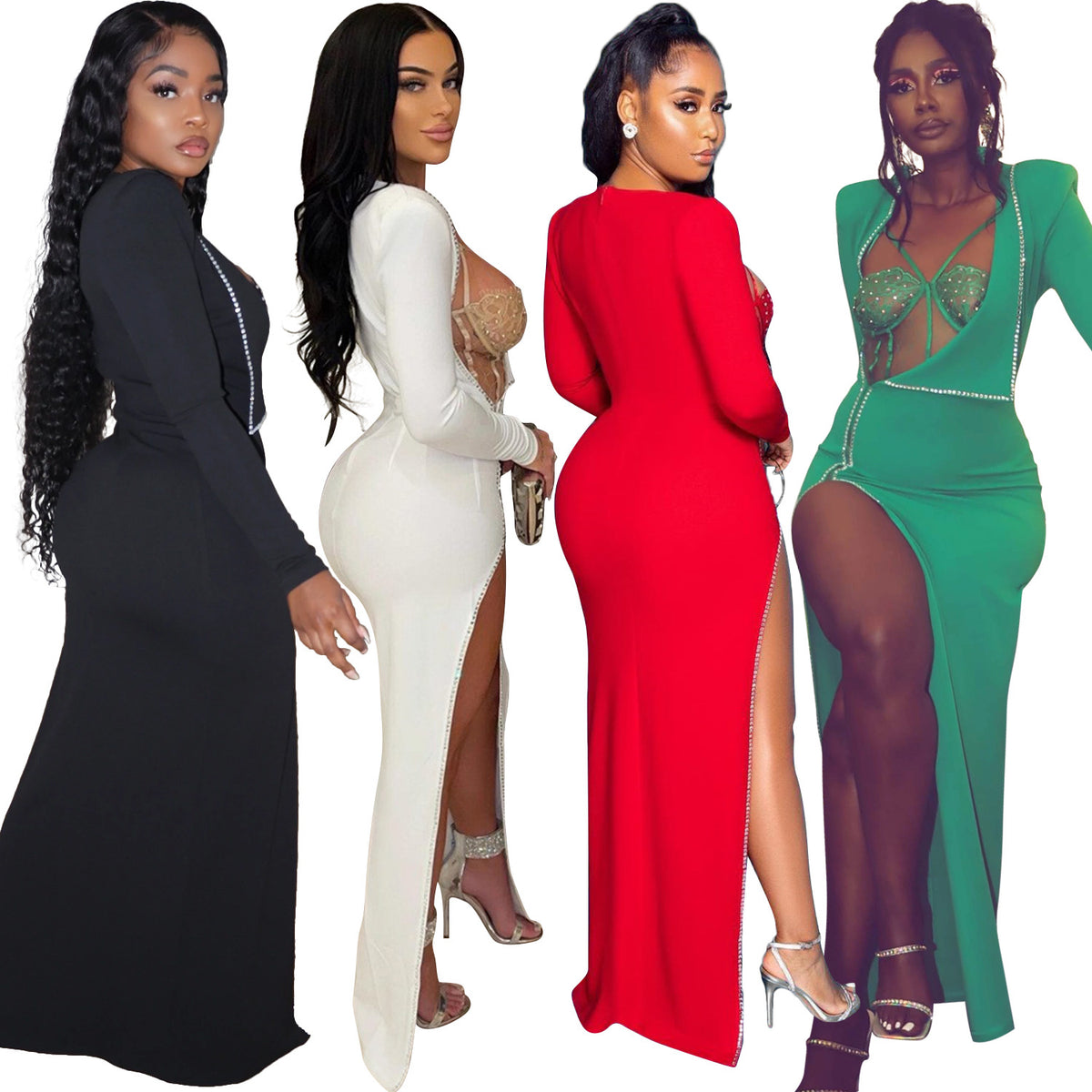 Four models show black, white, red, and green Billion Moves Maxi Dresses from back and side angles on a white background.